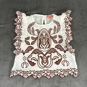 Anthropology THML Gardenia Top White Brown Embroidered Scallop Hem Flutter XS